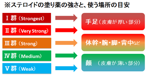 ステロイドの塗り薬の強さと、塗って良い場所の目安