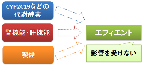 エフィエント～代謝酵素、腎肝機能、喫煙